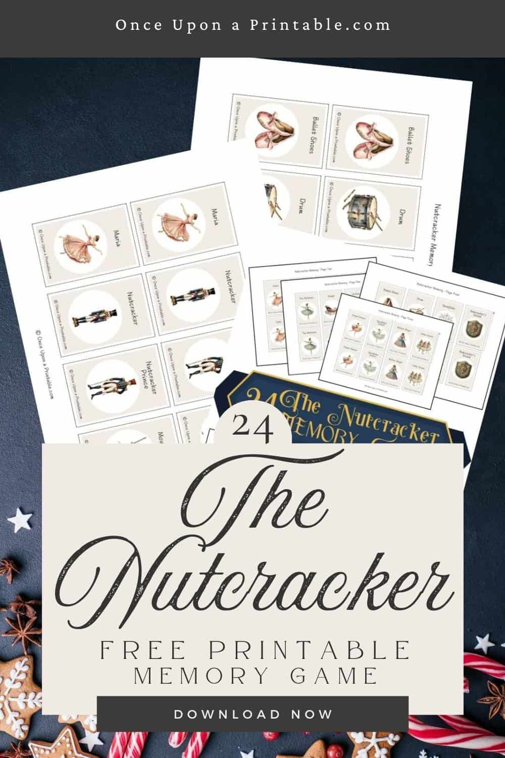 24 Nutcracker themed Memory game card sets in printables on a dark christmas background with candy and gingerbread cookies.
