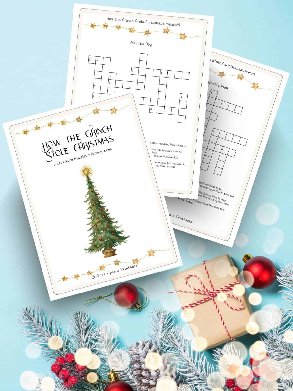 How the Grinch stole Christmas themed crossword puzzles on a christmas themed background.