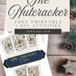 The Nutcracker themed I SPY printable pages with brightly colored graphics sitting on a wooden background with garland.
