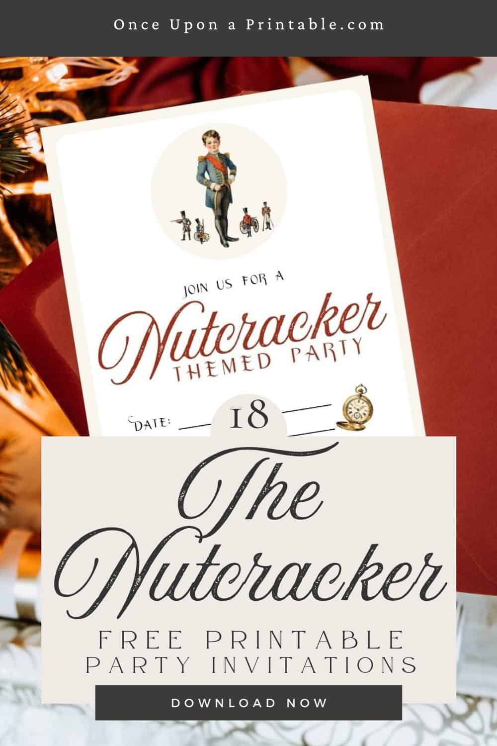 Nutcracker themed party invitations with Frederic and his toy soldiers displayed.