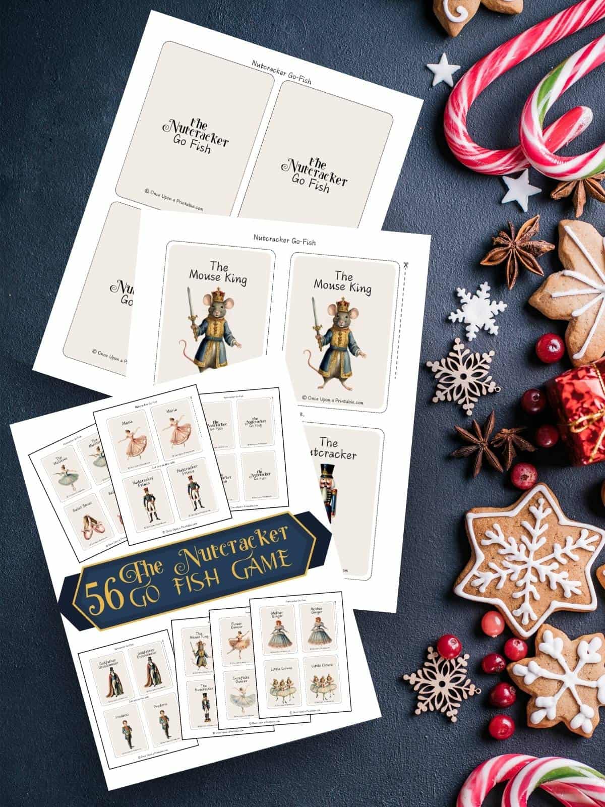 56 watercolor illustrated Nutcracker themed go fish cards on a dark background with christmas candy and cookies.