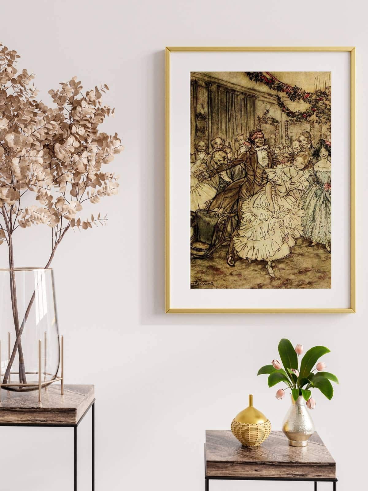 Fred and his wife dancing at their christmas party, an original illustration by Arthur Rackham from "A Christmas Carol".