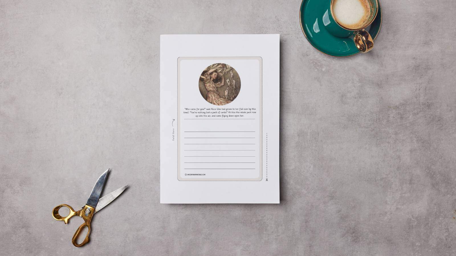 Alice's Adventures in Wonderland beautiful color illustrations by Arthur Rackham stationary with scissors and a cup of cappuccino.