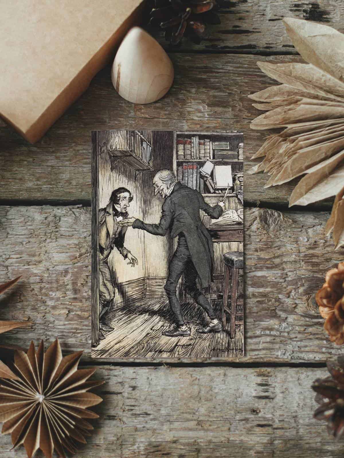 Scrooge and Bob Cratchit, an original illustration by Arthur Rackham from "A Christmas Carol".