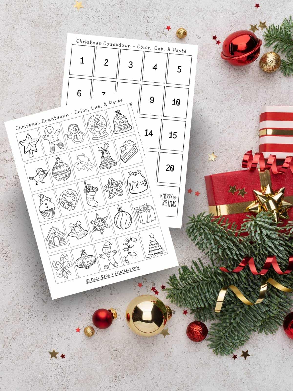 Christmas countdown calendar for kids, color, cut, and paste activities for families.