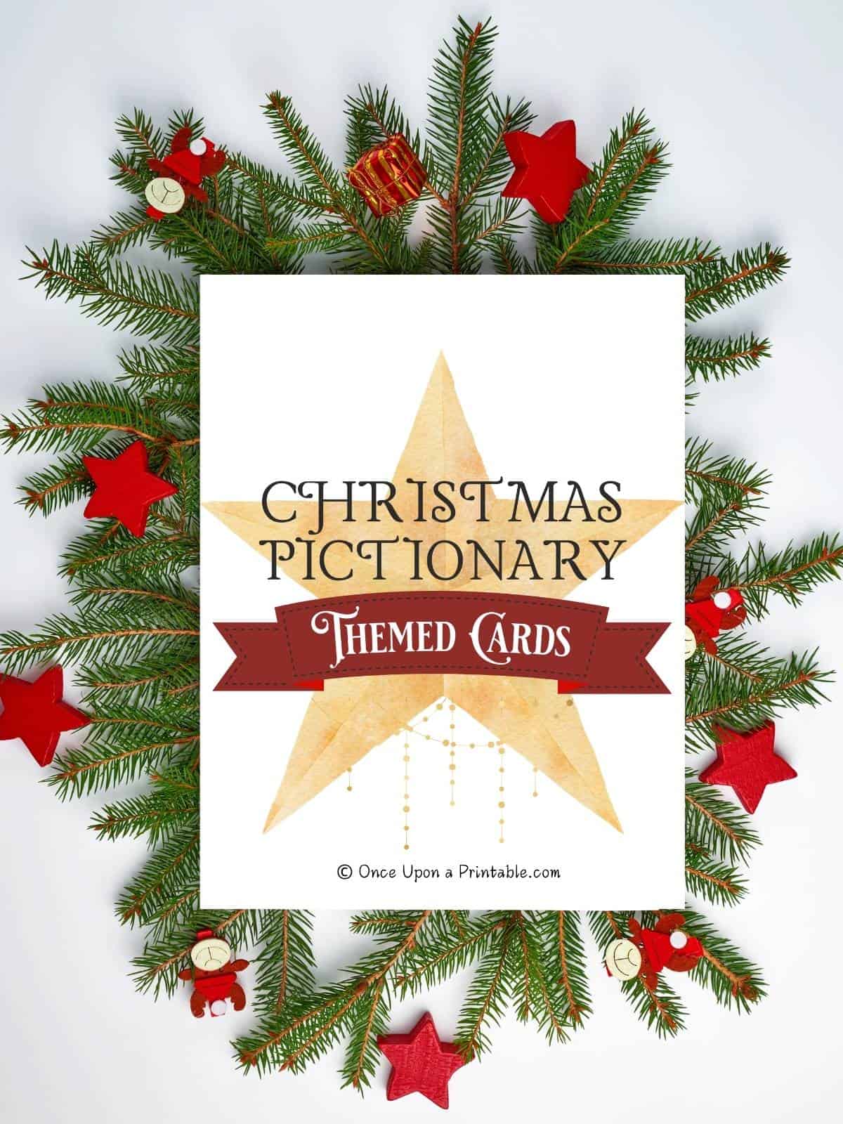 Christmas Pictionary themed game card cover picture with a wreath.