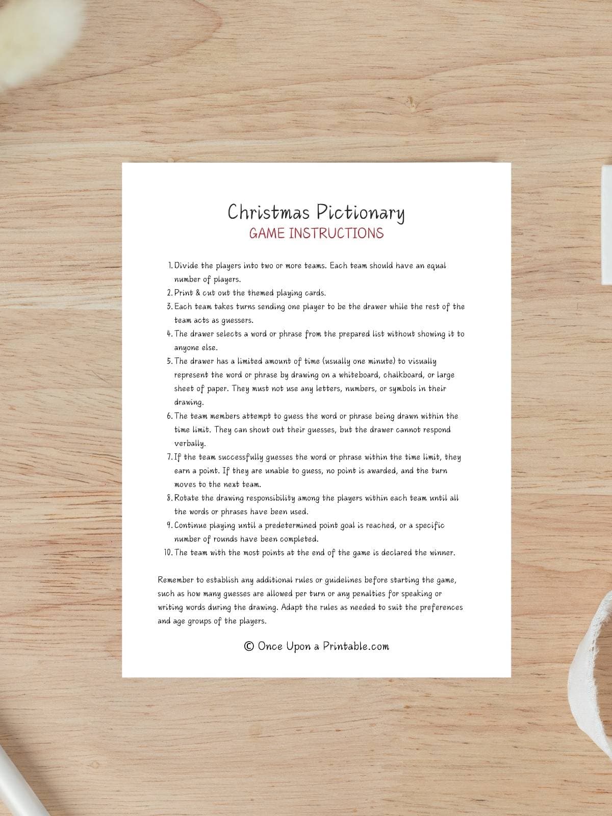 Christmas Pictionary themed Game Cards, free printable sheet game rules.