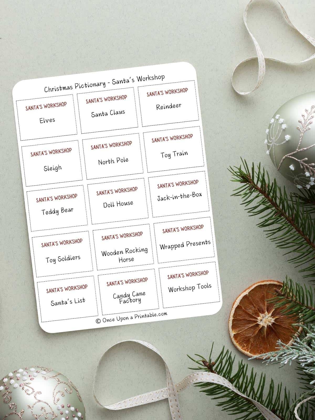 Christmas Pictionary themed Game Cards, free printable sheet.