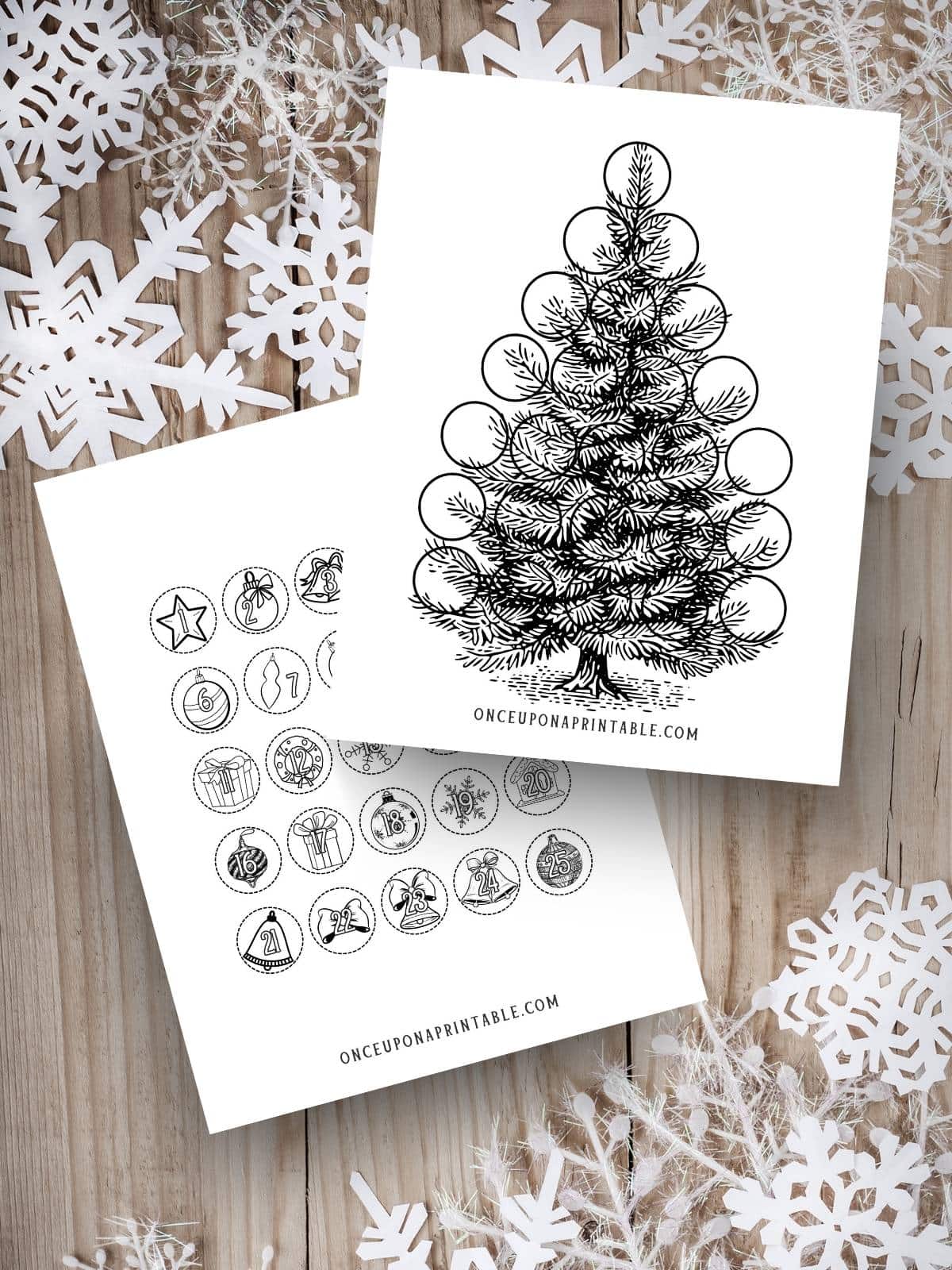 Christmas tree coloring page countdown calendar to Christmas with an ornament page.