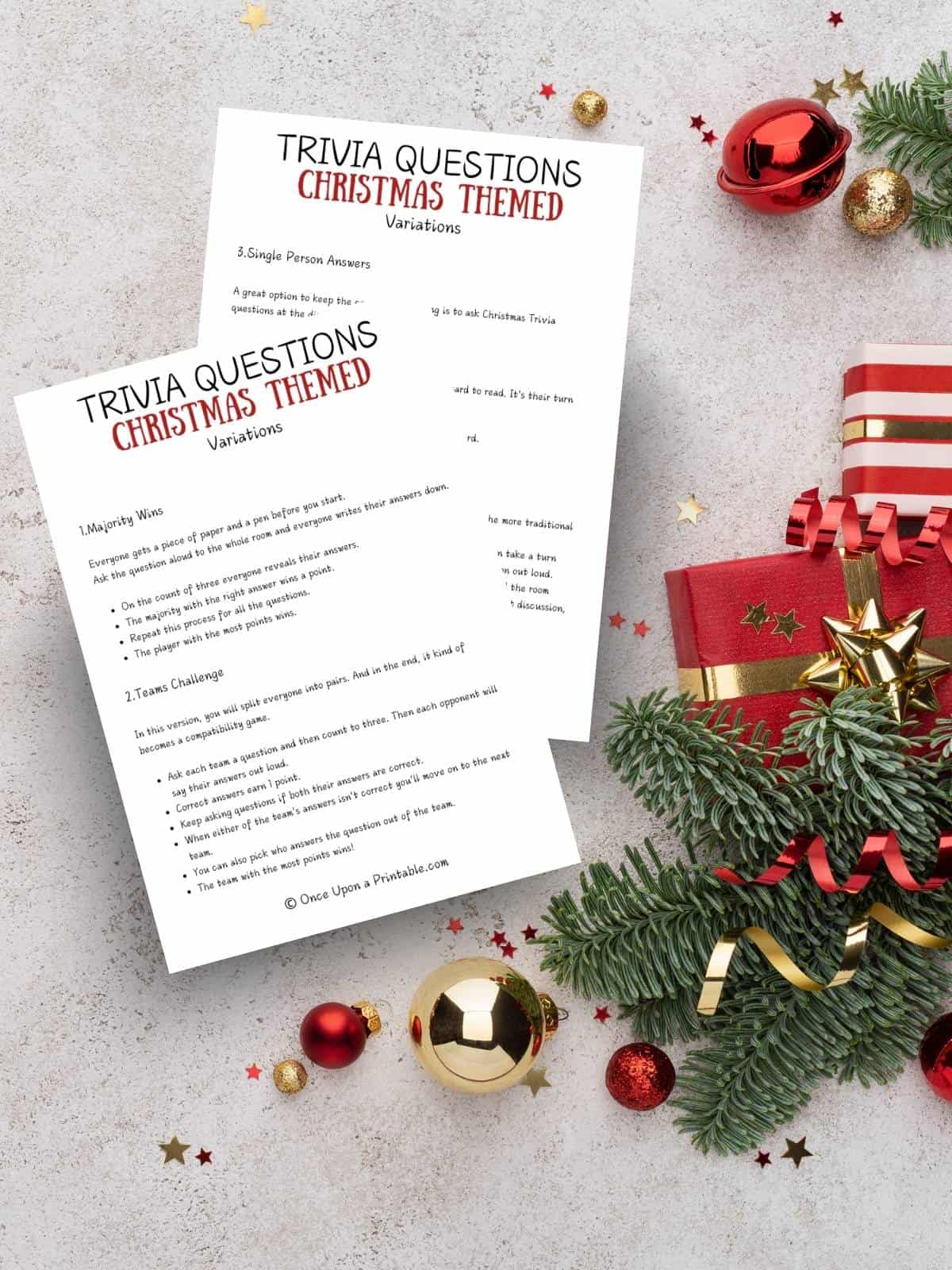 Christmas trivia questions for kids and adults cover photo with a watercolor picture of a family playing games. The variations on how to play the game printable.