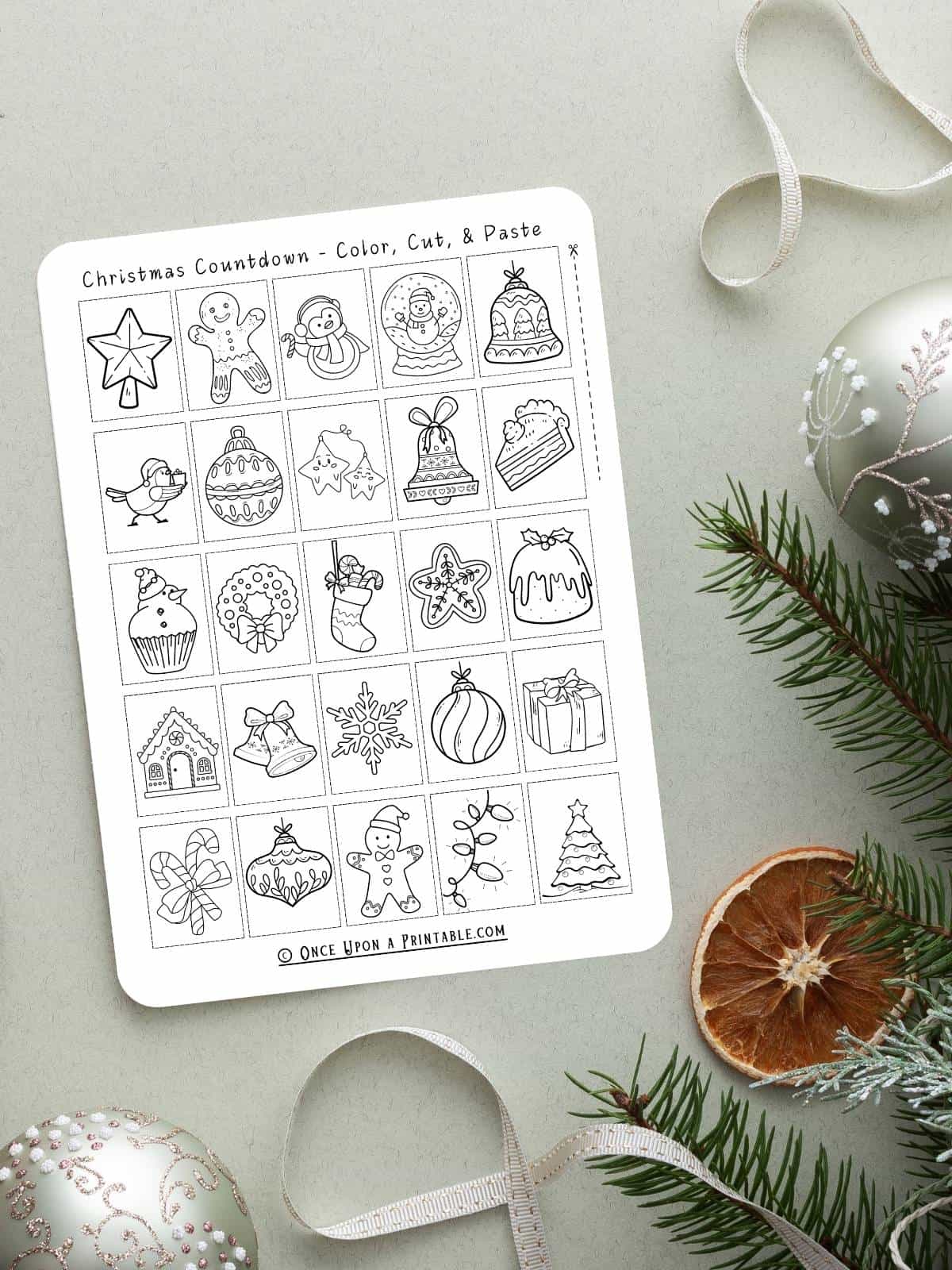 Christmas countdown calendar for kids, color, cut, and paste activities for families. 