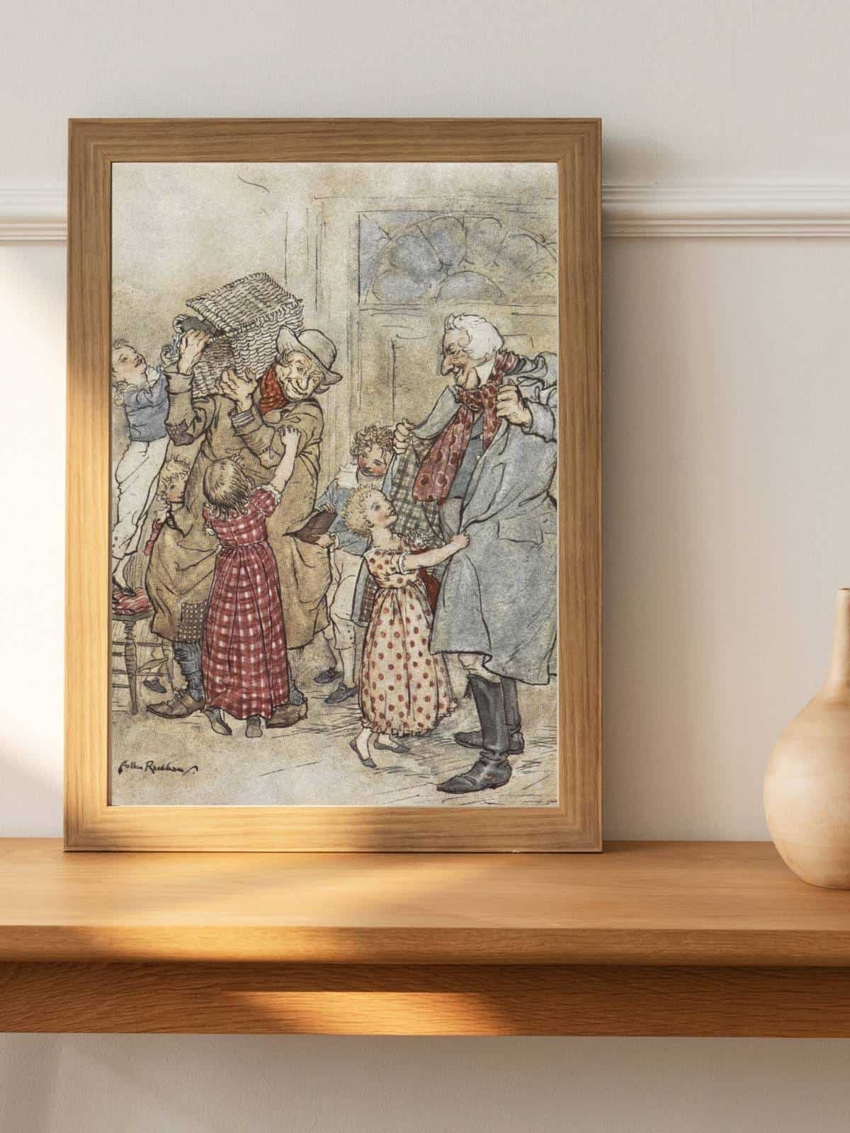 A load of Christmas Presents, a christmas that could be, an original illustration by Arthur Rackham from "A Christmas Carol".