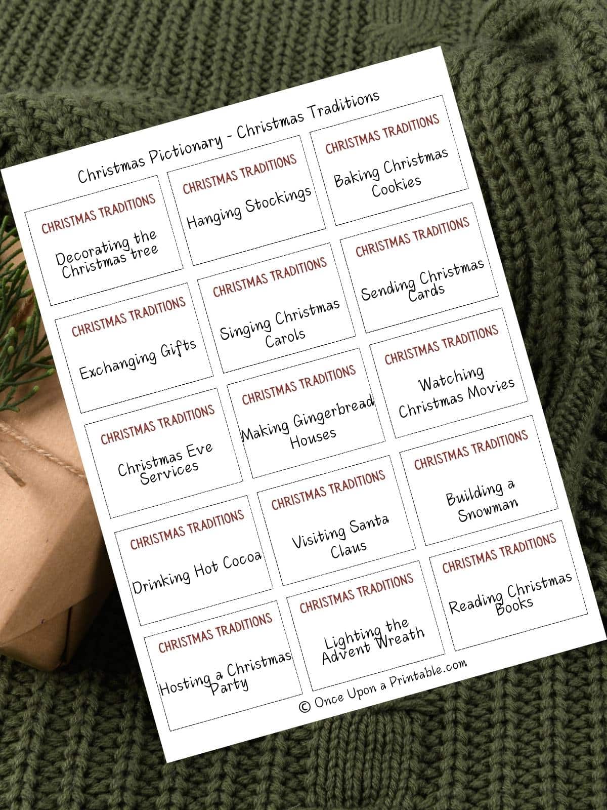 Christmas Pictionary themed Game Cards, free printable sheet.