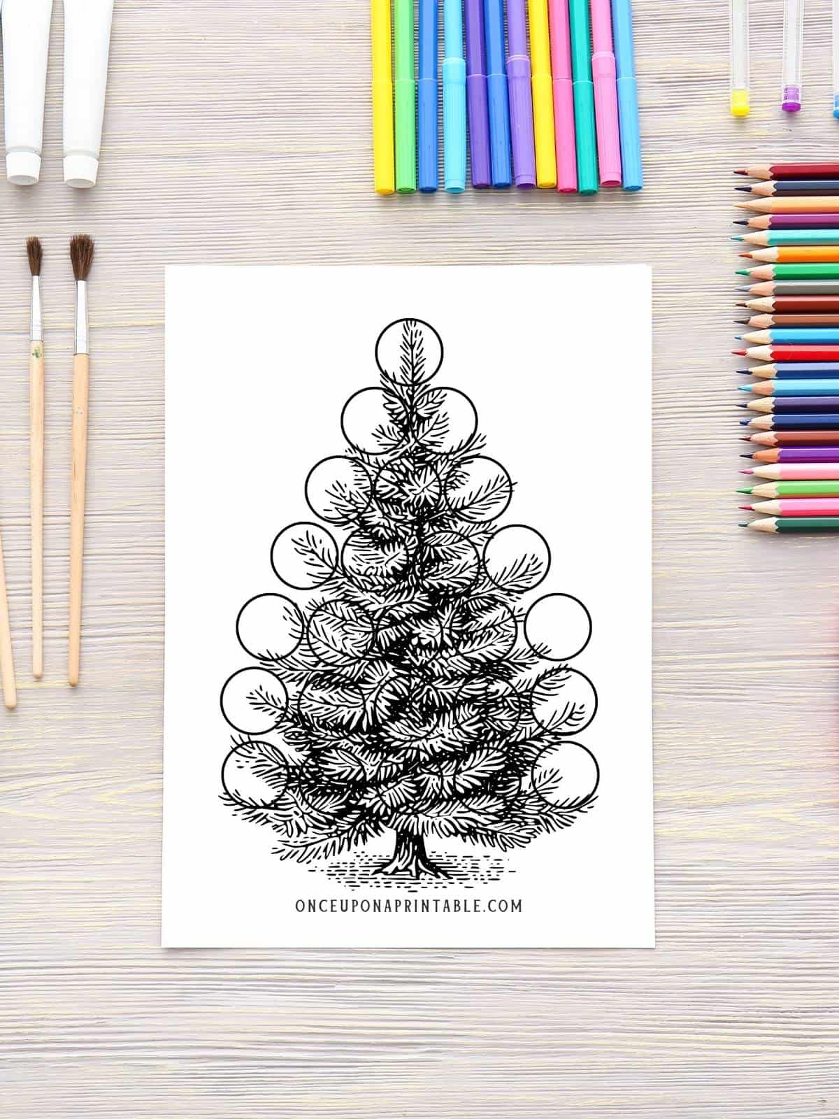 Christmas tree coloring page with little circles for ornaments to be placed.