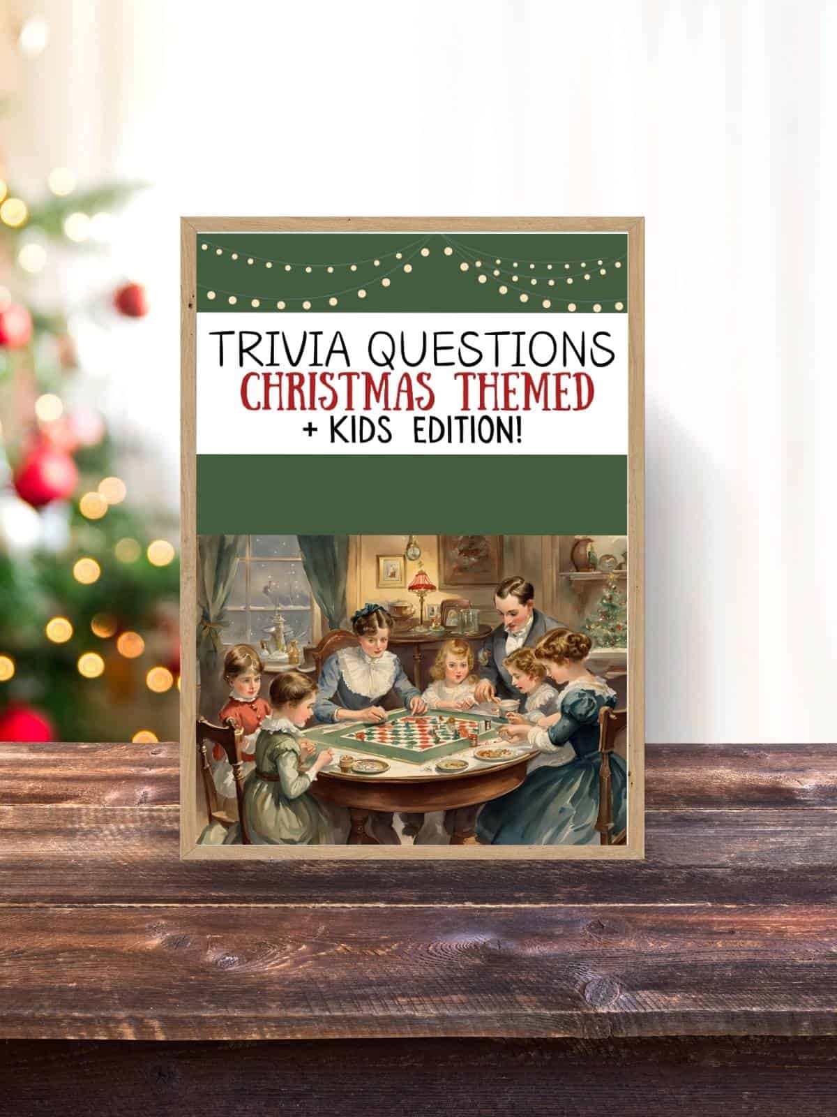 Christmas trivia questions for kids and adults cover photo with a watercolor picture of a family playing games.