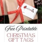 Simple vintage Christmas gift tags on brown paper wrapped boxes and red ribbon, adorned with a vintage illustration by Jessie Willcox Smith's version of Twas the night before Christmas story.