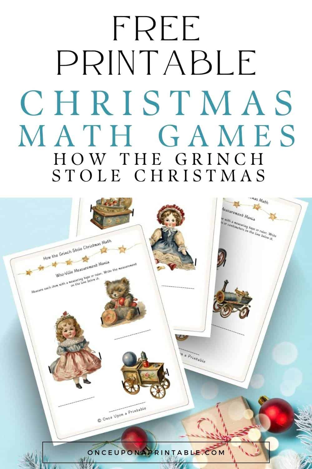 How the Grinch stole christmas math games with watercolor illustrated vintage toys.