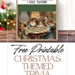 Christmas trivia questions for kids and adults cover photo with a watercolor picture of a family playing games.