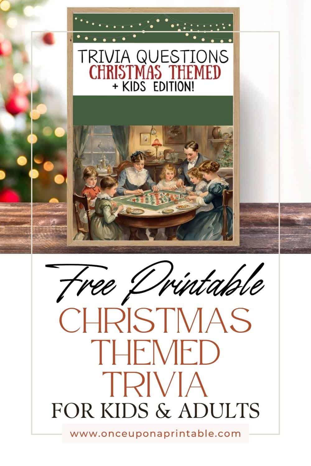 Christmas trivia questions for kids and adults cover photo with a watercolor picture of a family playing games.