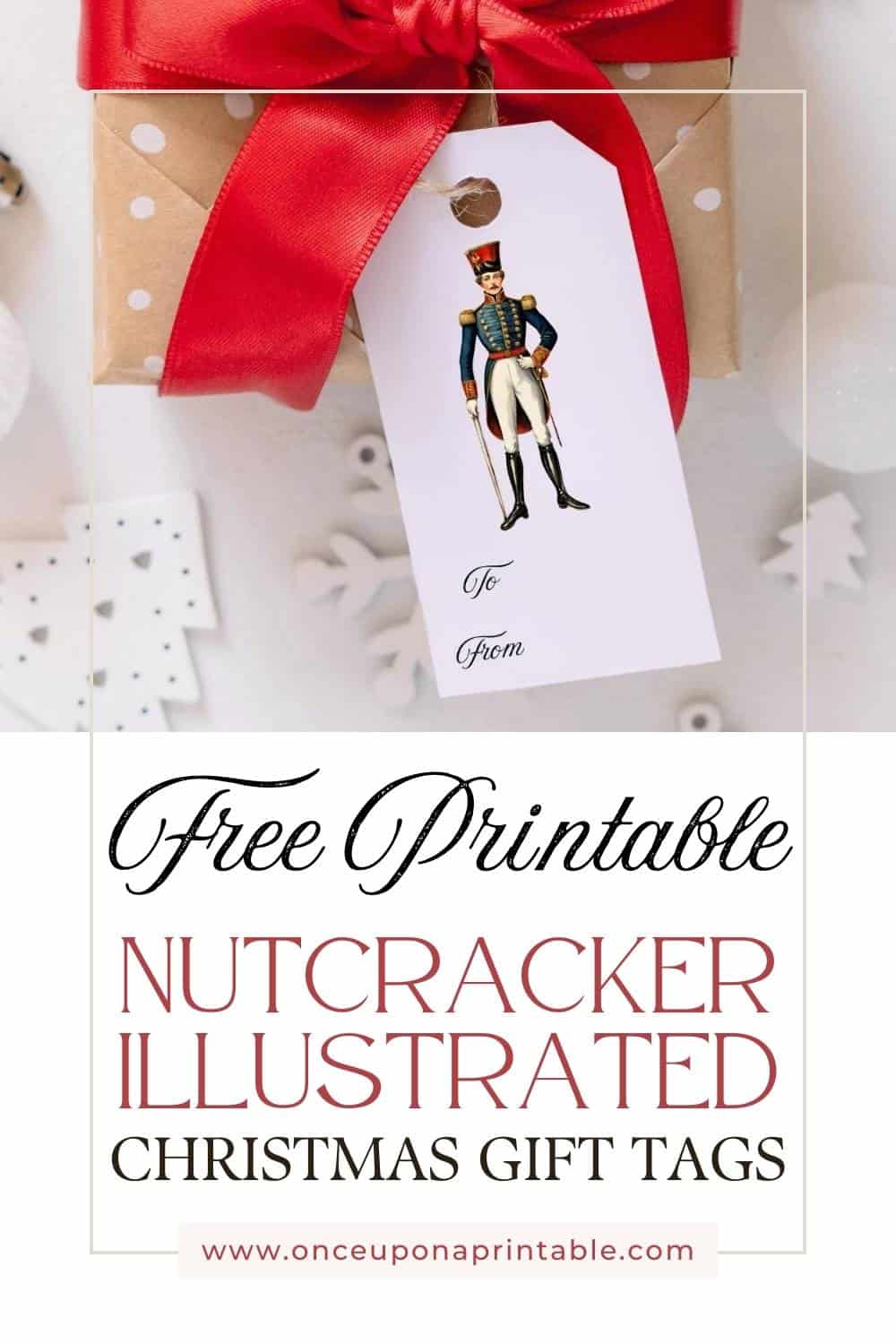 The nutcracker prince watercolor illustration gift tag on a package with a red blow.