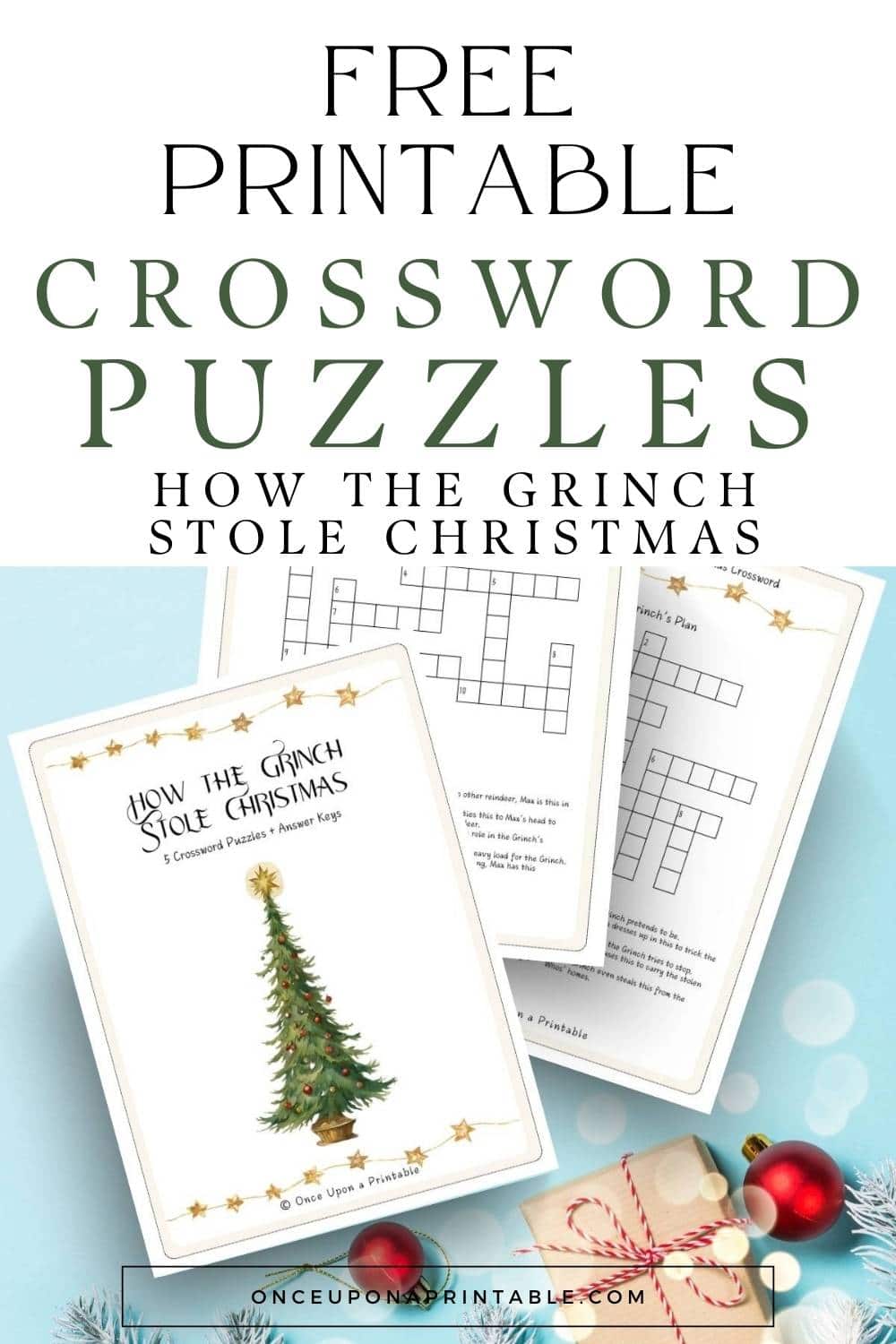 How the Grinch stole Christmas themed crossword puzzles on a christmas themed background.