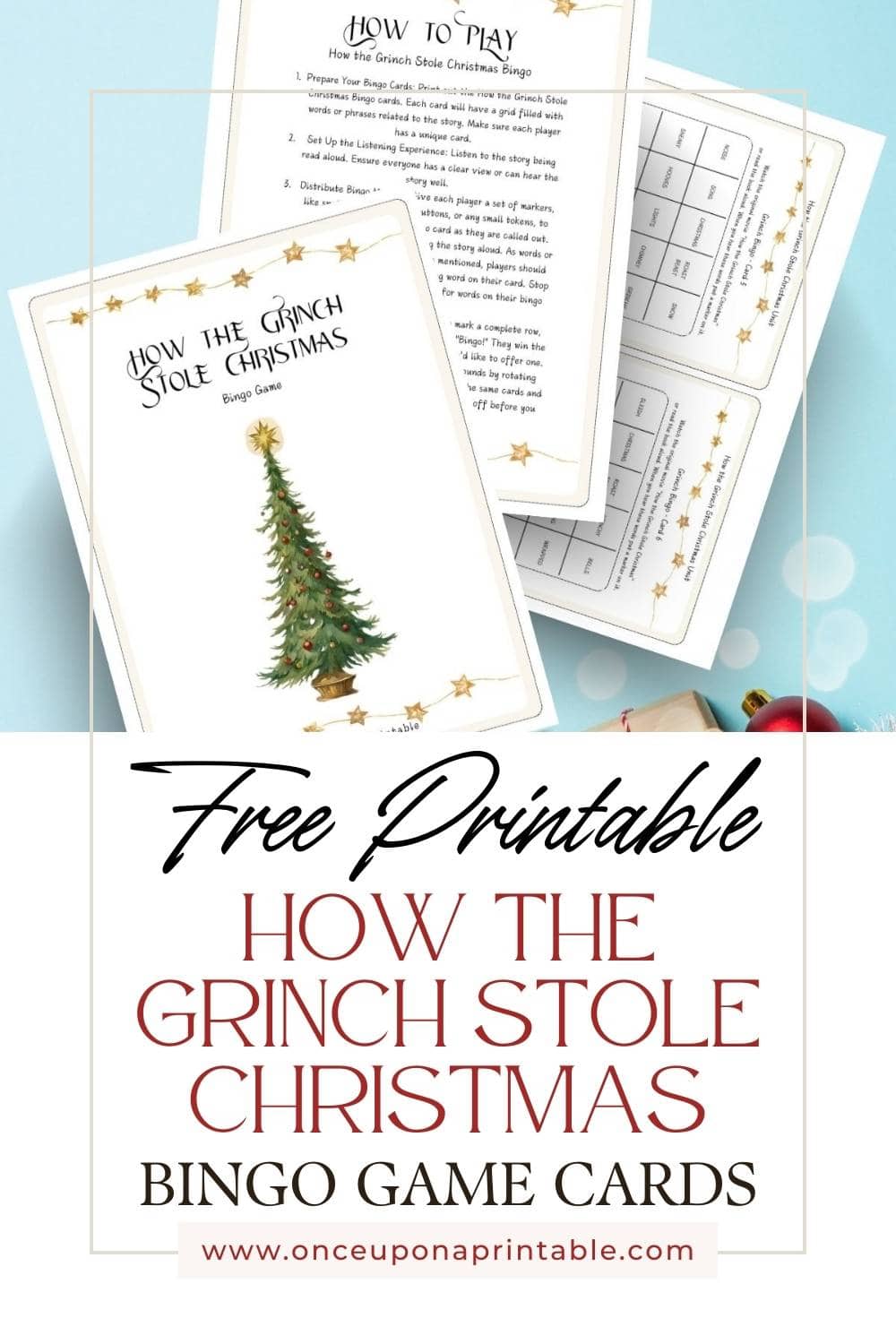 How the Grinch stole christmas bingo card game printables with christmas decorations on the back.