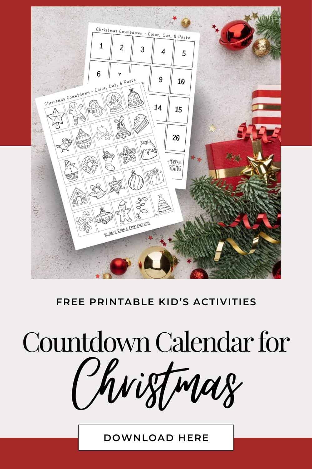 Christmas countdown calendar for kids, color, cut, and paste activities for families.