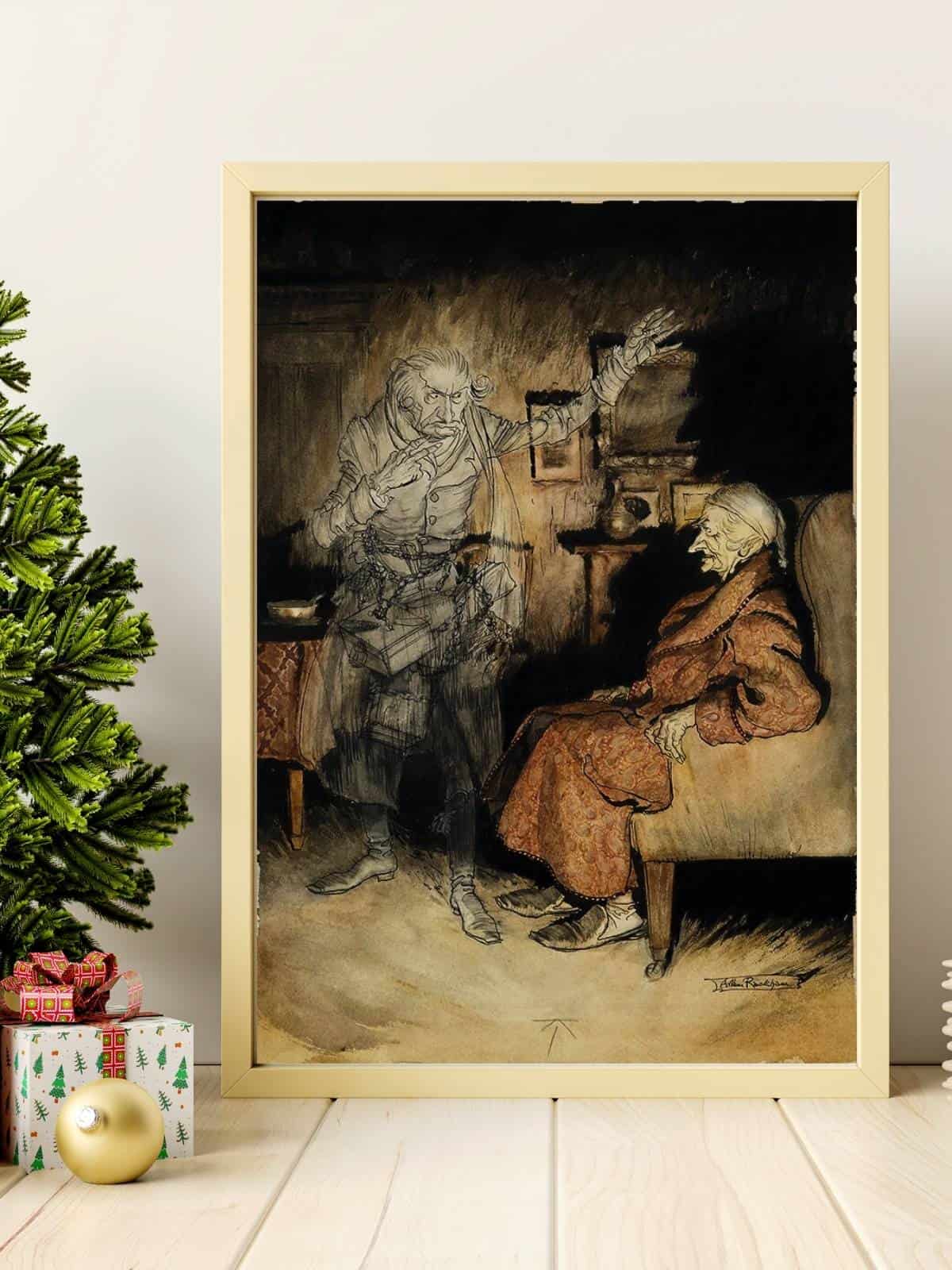 The Ghost of Marley visiting Scrooge, an original illustration by Arthur Rackham from "A Christmas Carol".