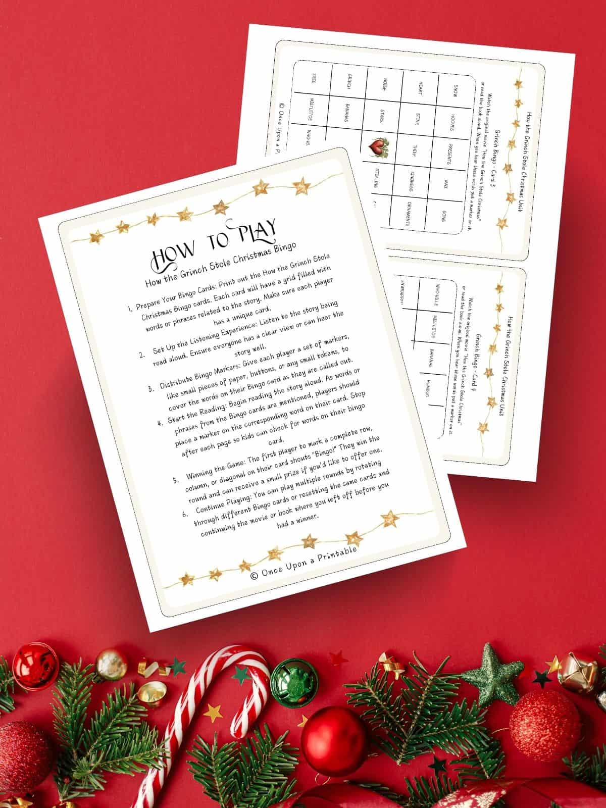 How the Grinch stole christmas bingo card game printables with christmas decorations on the back.