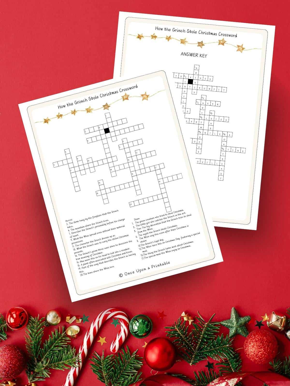 How the Grinch Stole CHristmast themed crossword puzzle and answer key with a red christmas themed background.