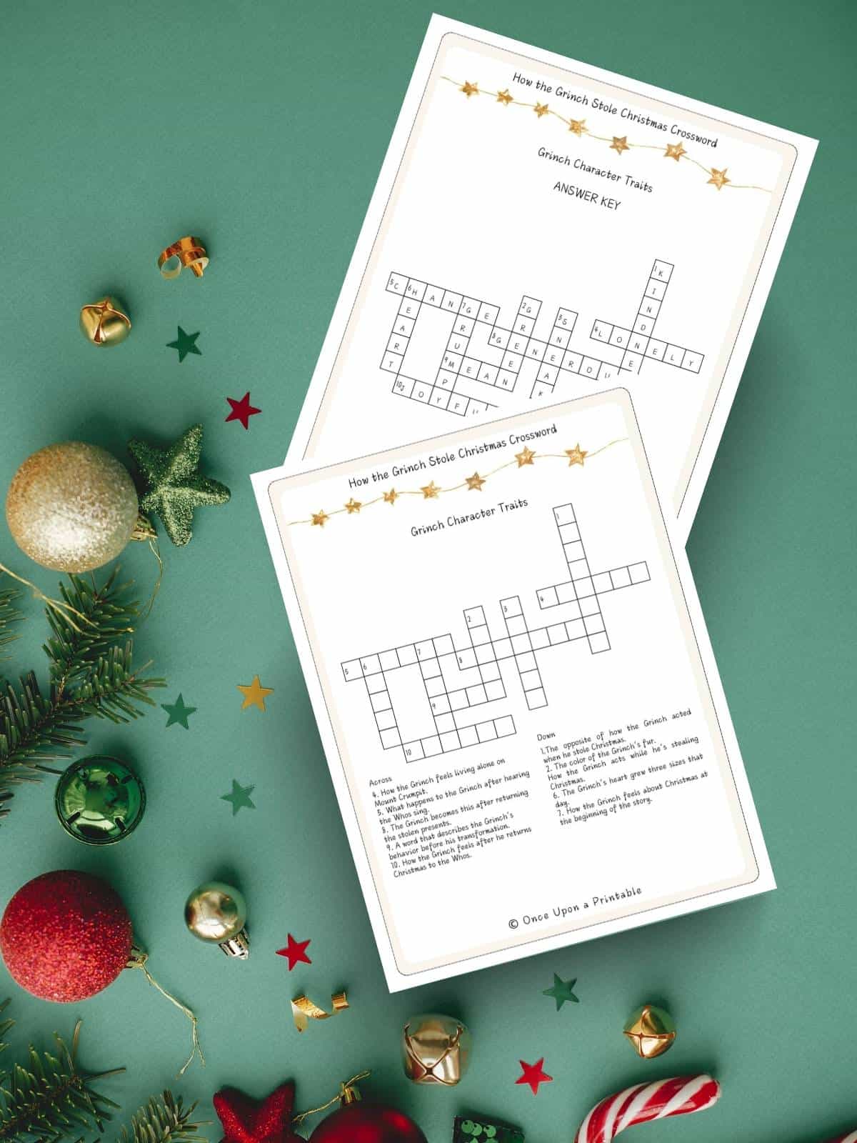 How the Grinch Stole Christmas themed cross word puzzle and answer key on a green christmas themed background.