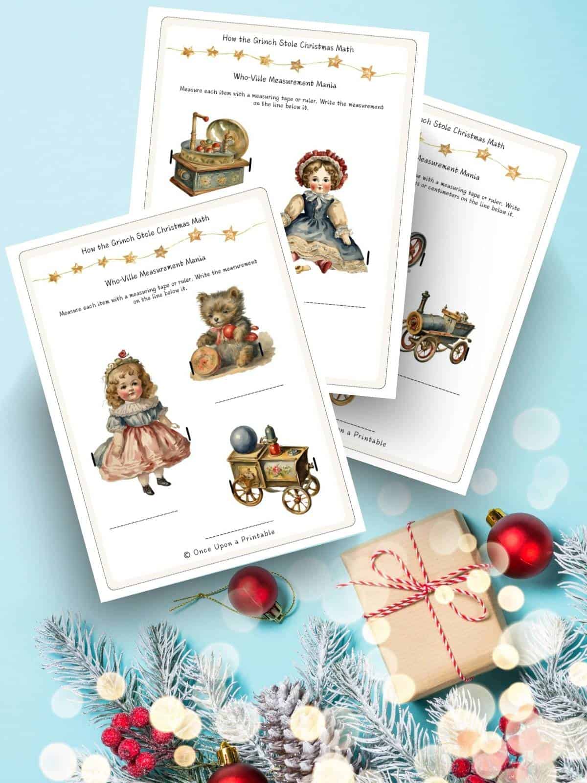 How the Grinch Stole Christmas measurement math game with old fashioned toys to be measured with a ruler.