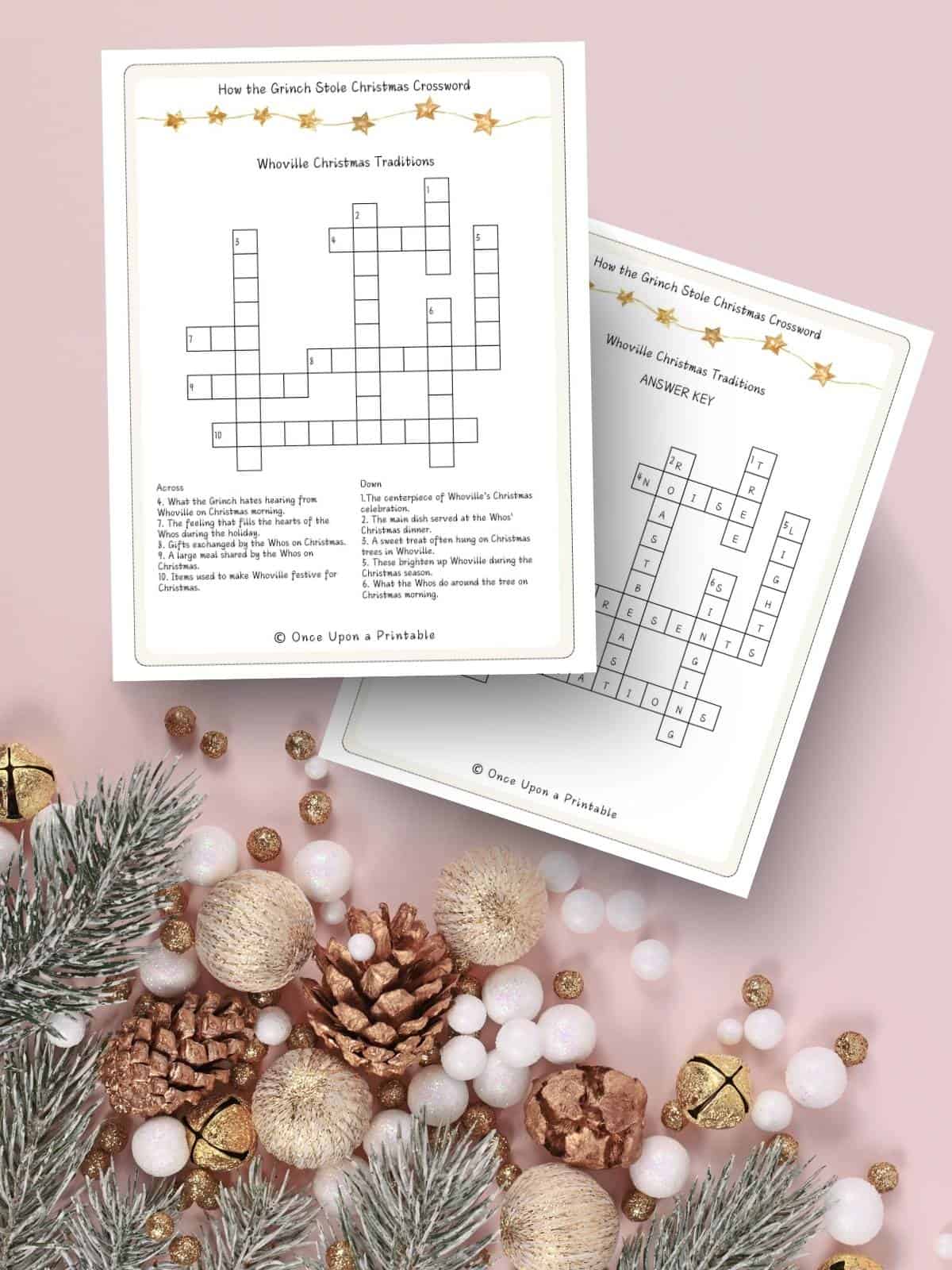 How the Grinch stole Christmas themed crossword puzzles on a christmas themed background.