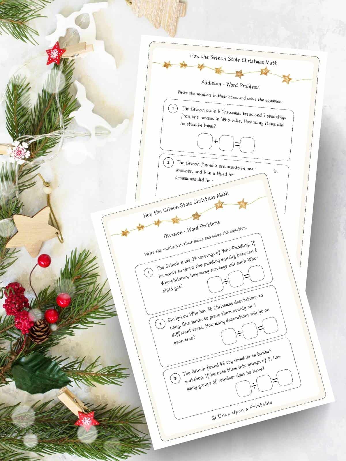 How the Grinch stole christmas themed printable math word problems on a white christmasy background.