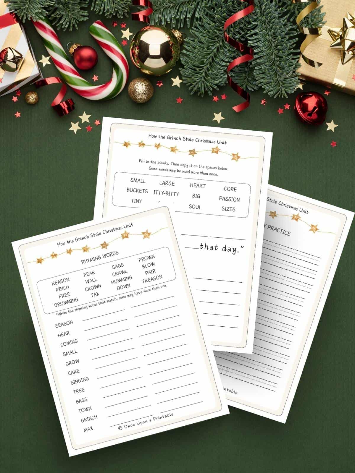 How the Grinch Stole Christmas educational activity worksheet printables on a green background with christmas ornaments.