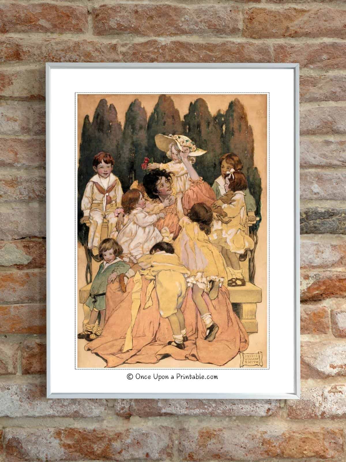 Jessie Willcox Smith art print of a mother of 8, framed and hanging on a brick wall.