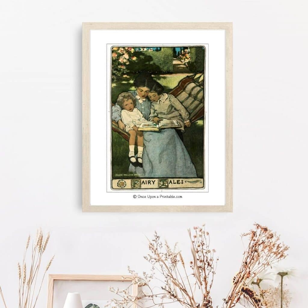 "Fairy Tales" by Jessie Willcox Smith illustration framed on a wall by vases.
