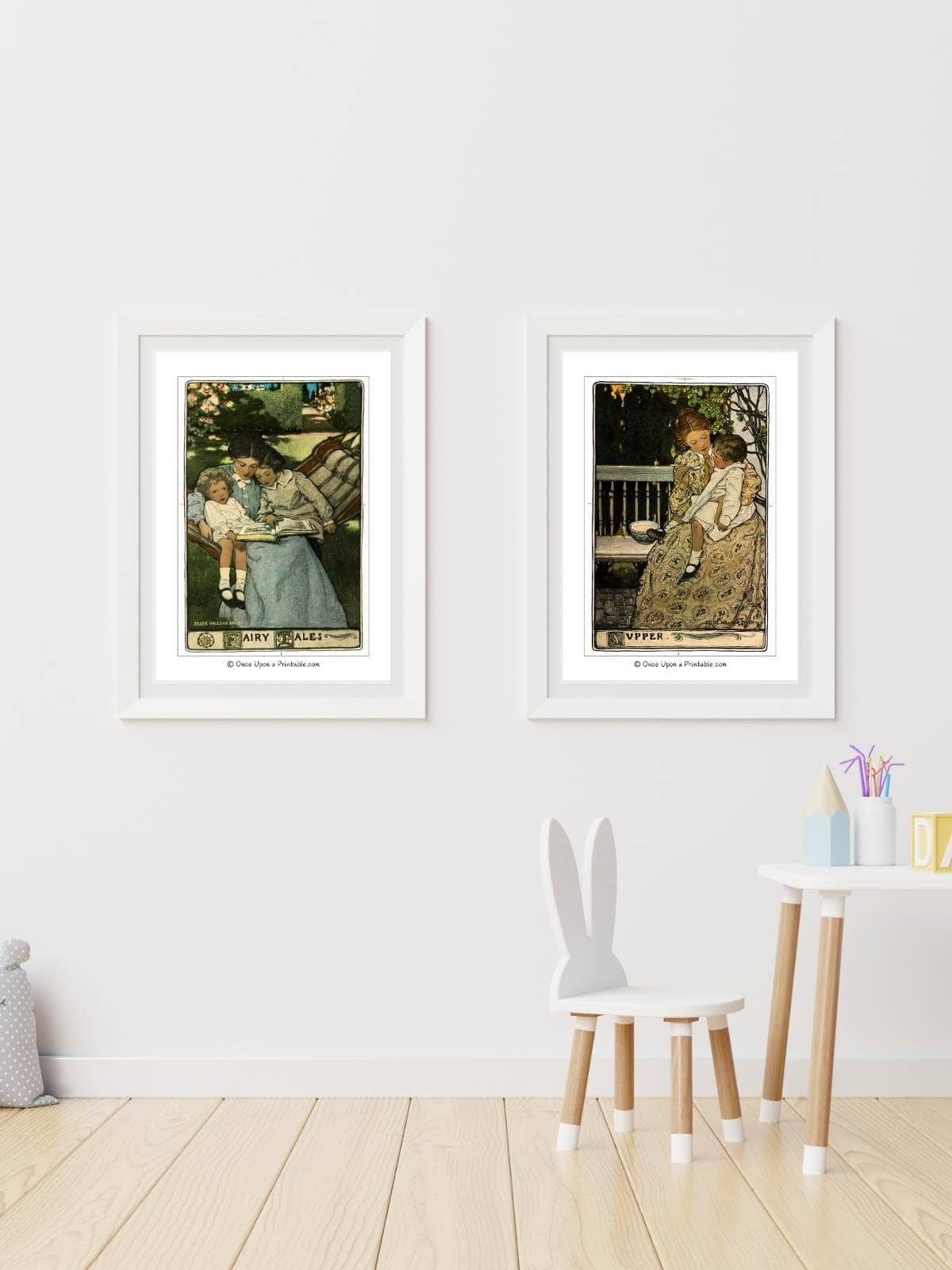 Two of Jessie Willcox Smith's watercolor art prints of motherhood scenes.