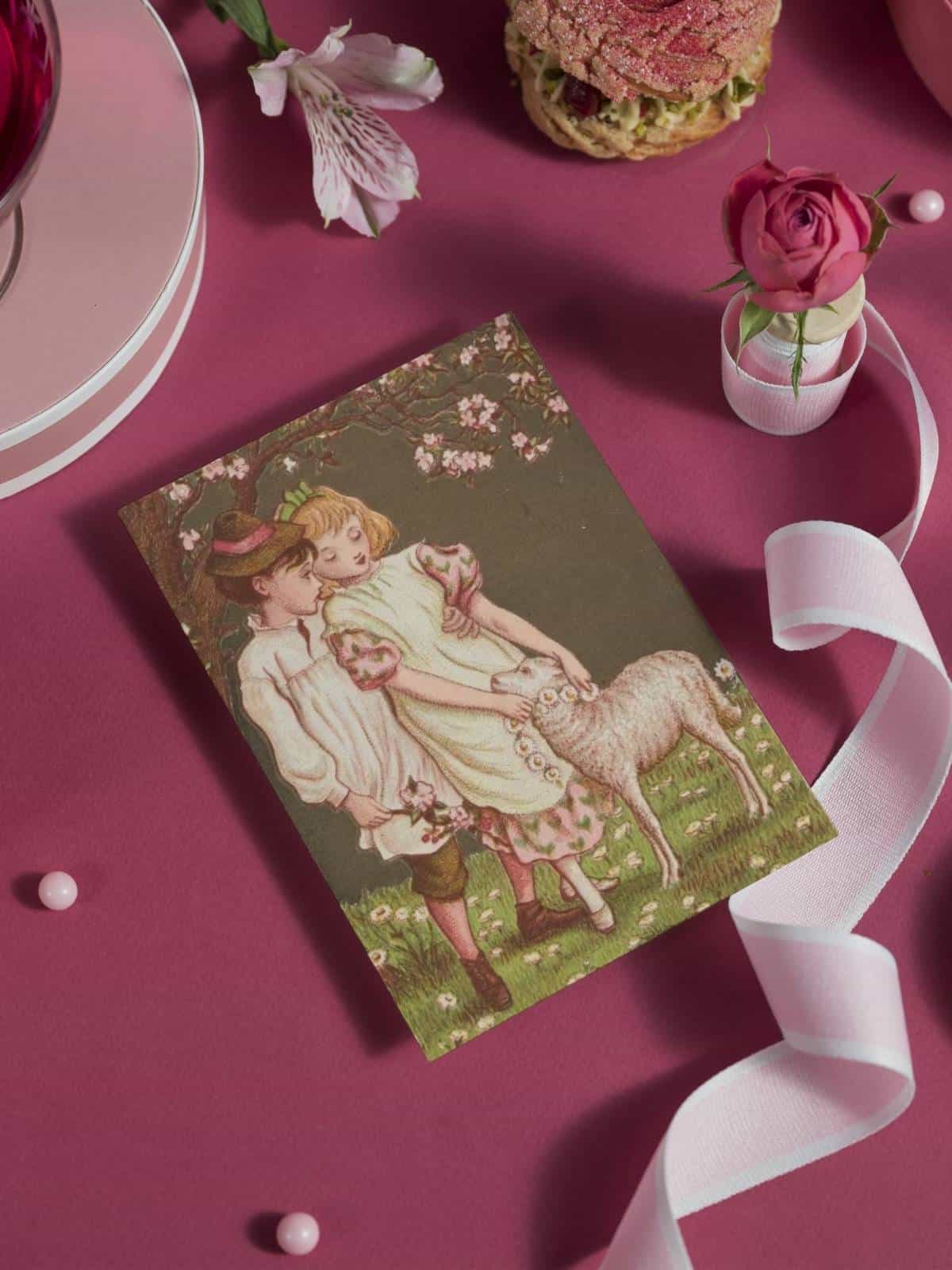 Kate Greenaway illustrated Victorian Valentine's Day card with two children with a sheep.