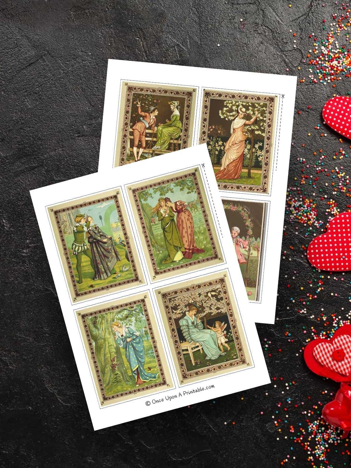Kate Greenaway illustrated Victorian Valentine's Day card free printable sheets.