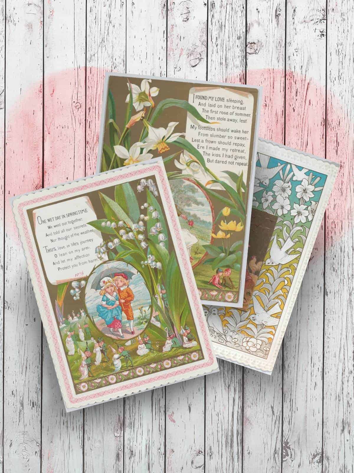 Kate Greenaway illustrated Victorian Valentine's Day card free printable sheets.