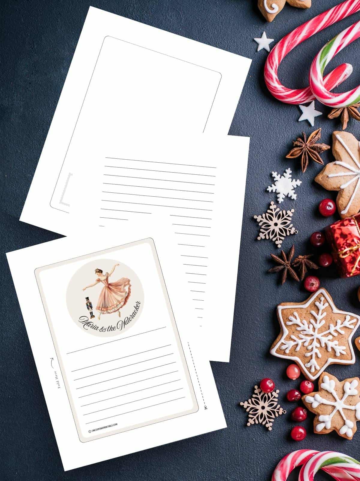 Maria and the Nutcracker Christmas stationary on a Christmas candy and cookie background.