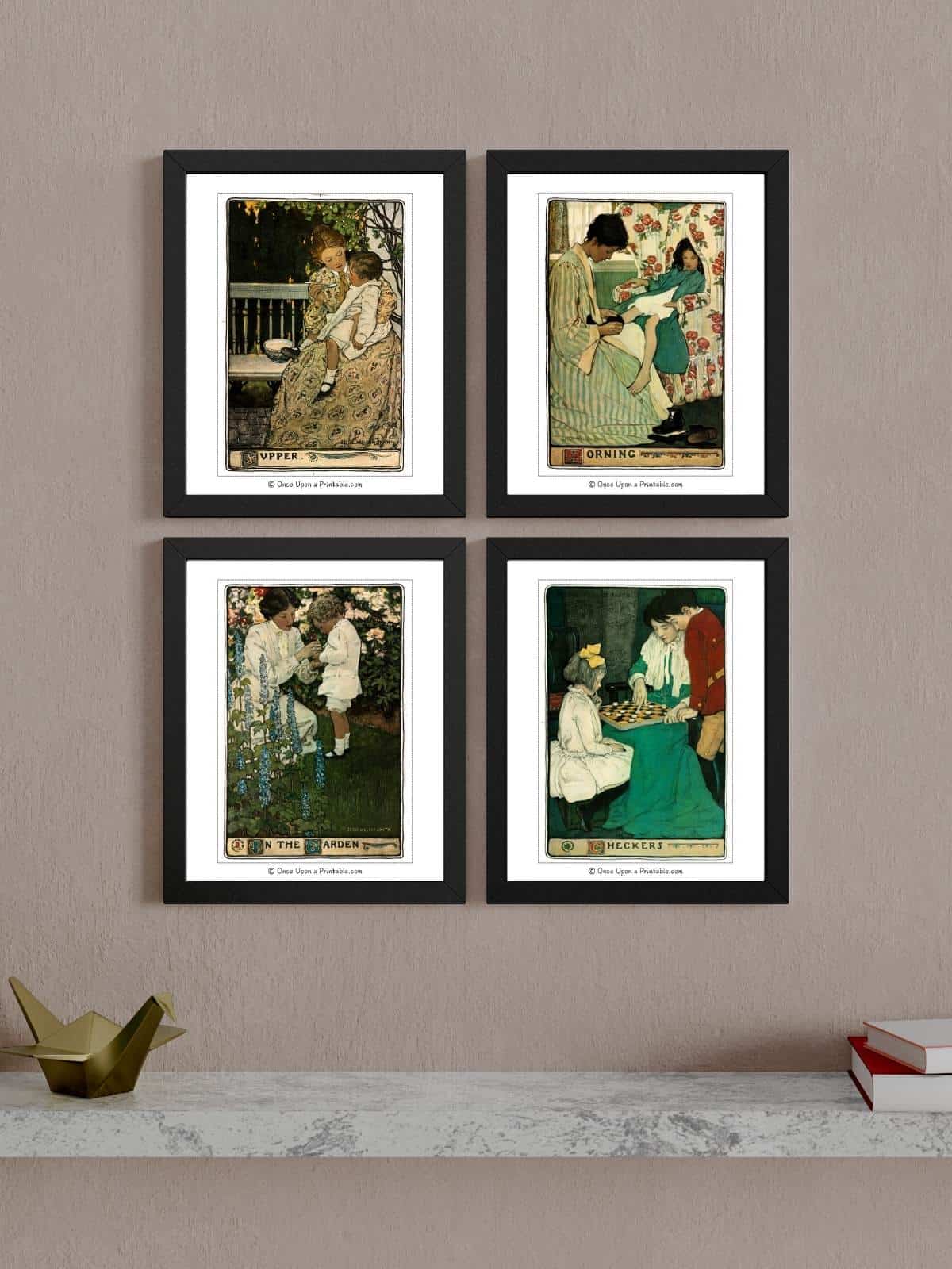 Motherhood illustrations by Jessie Willcox Smith framed in a set of 4 on a wall.