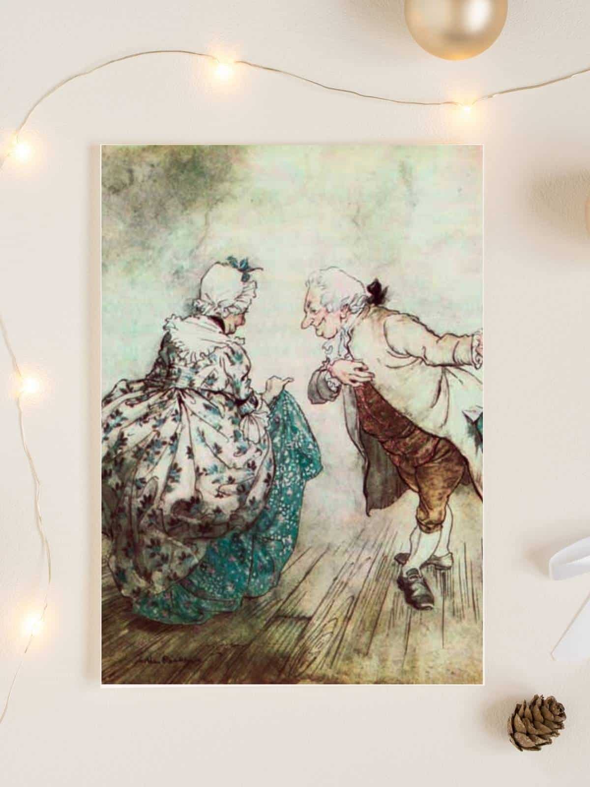 Mr. and Mrs. Fezziwig about to dance at a Christmas party, an original illustration by Arthur Rackham from "A Christmas Carol".