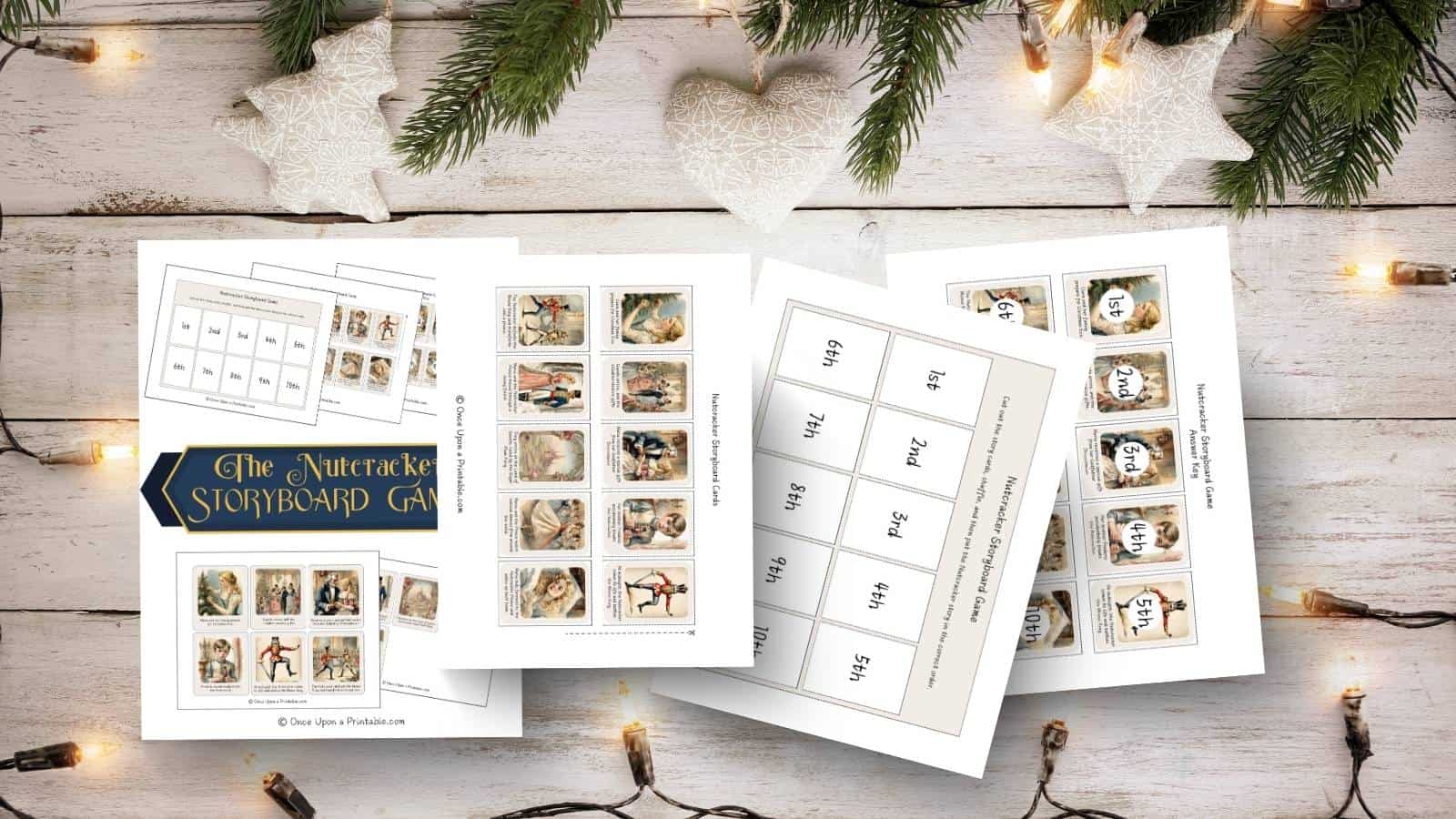 Nutcracker story sequencing printables with beautiful watercolor graphics on a wooden floor with Christmas lights and garland.