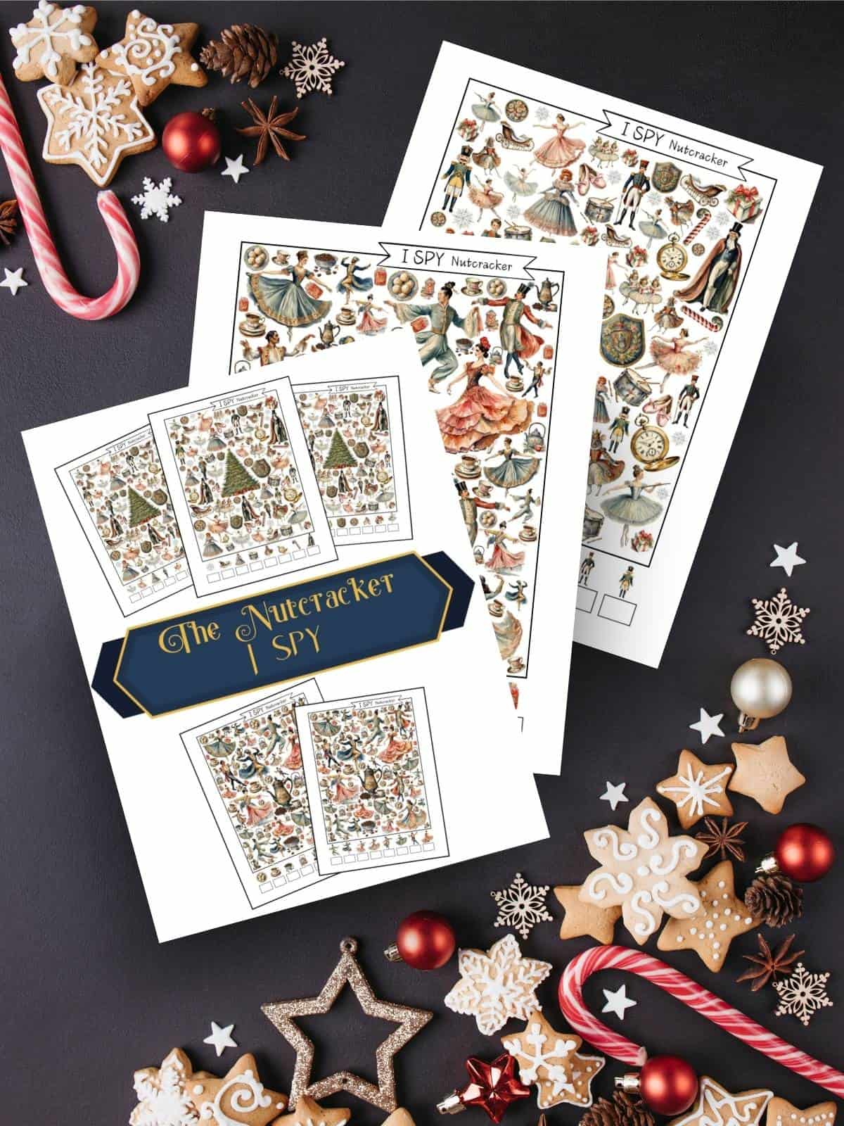Brightly colored watercolor Nutcracker graphics with I Spy activity printables on a dark background with cookies and candies.