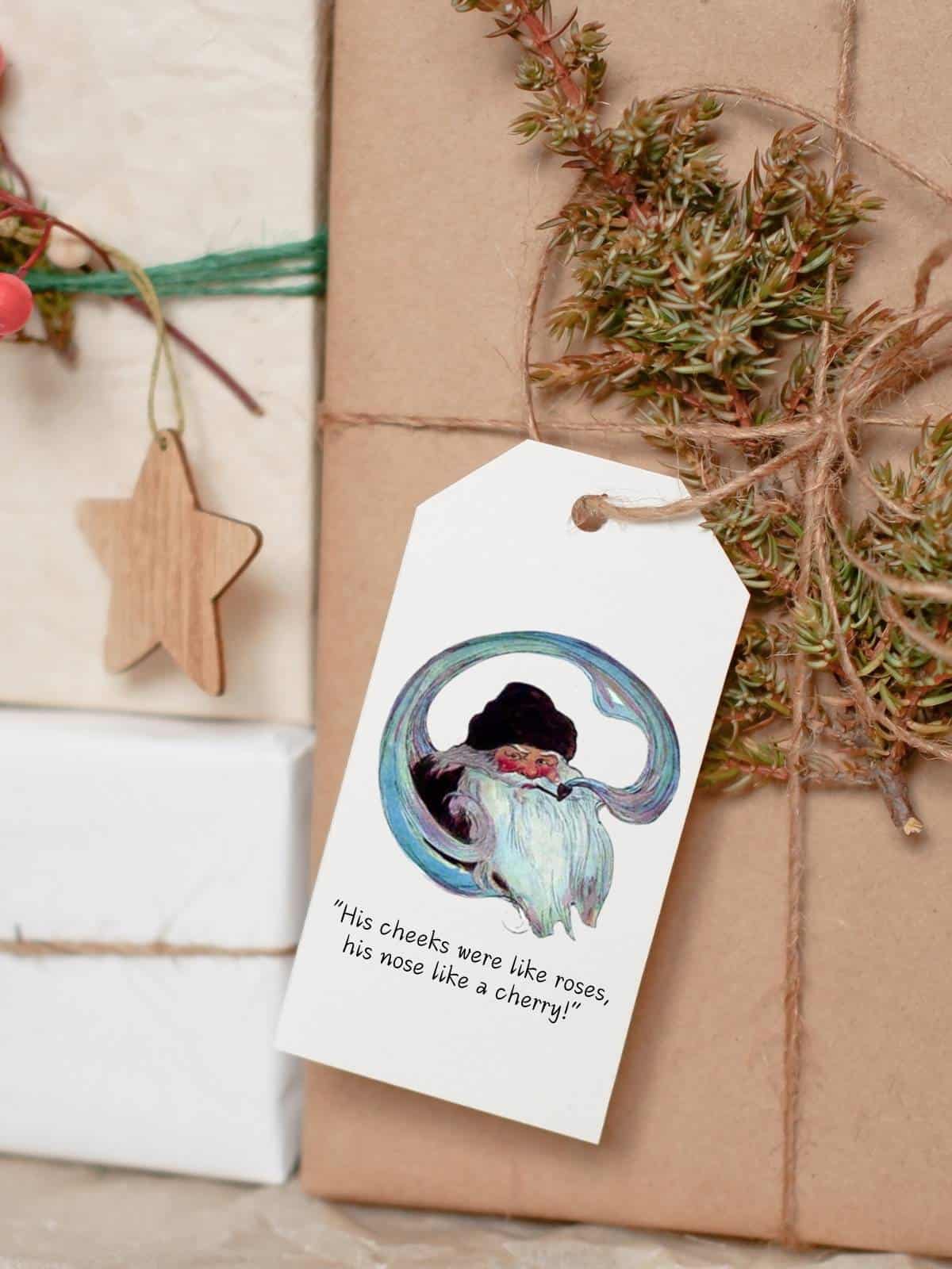 Simple vintage Christmas gift tags on brown paper wrapped boxes and red ribbon, adorned with a vintage illustration by Jessie Willcox Smith's version of Twas the night before Christmas story.
