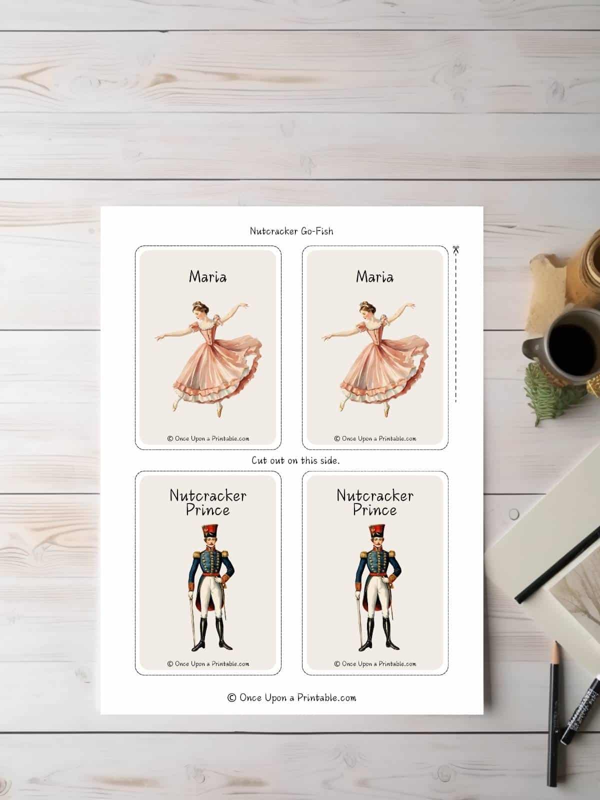 The Nutcracker themed Go Fish cards printable on a desktop.