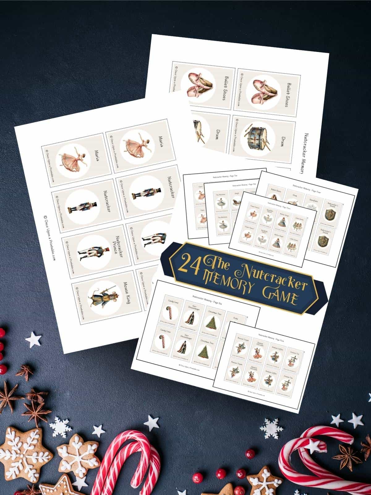 Nutcracker themed memory game printables with watercolor graphic characters and objects from the Story and ballet, displayed on a dark blue background with candy and cookies.
