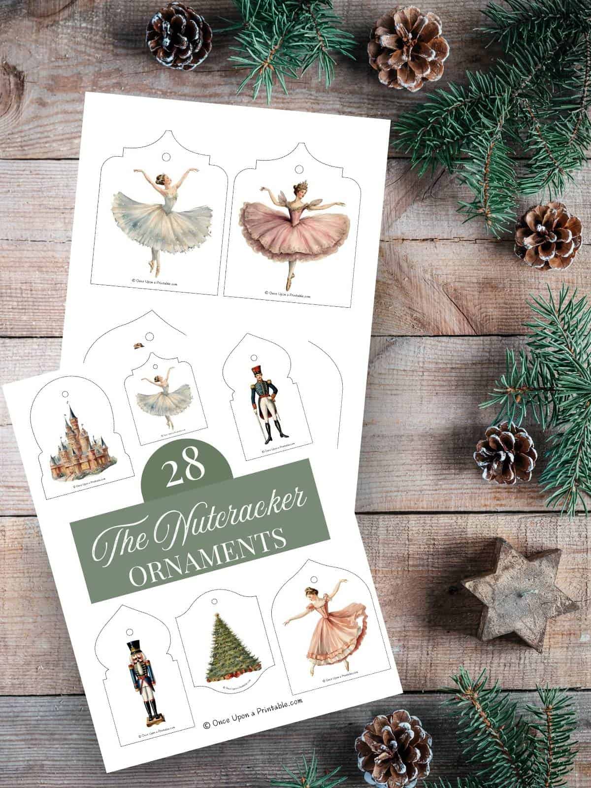 Nutcracker inspired illustrated christmas tree ornament printables.